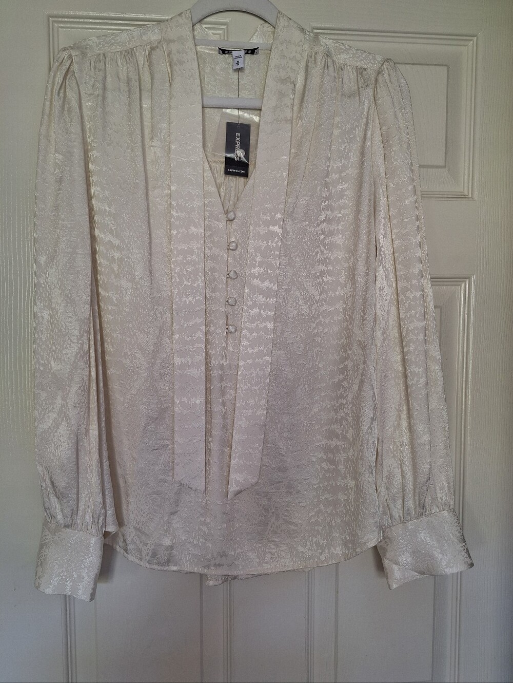 NWT Express  Jacquard Satin Tie Neck Blouse M Long Sleeve Button Down Shirt